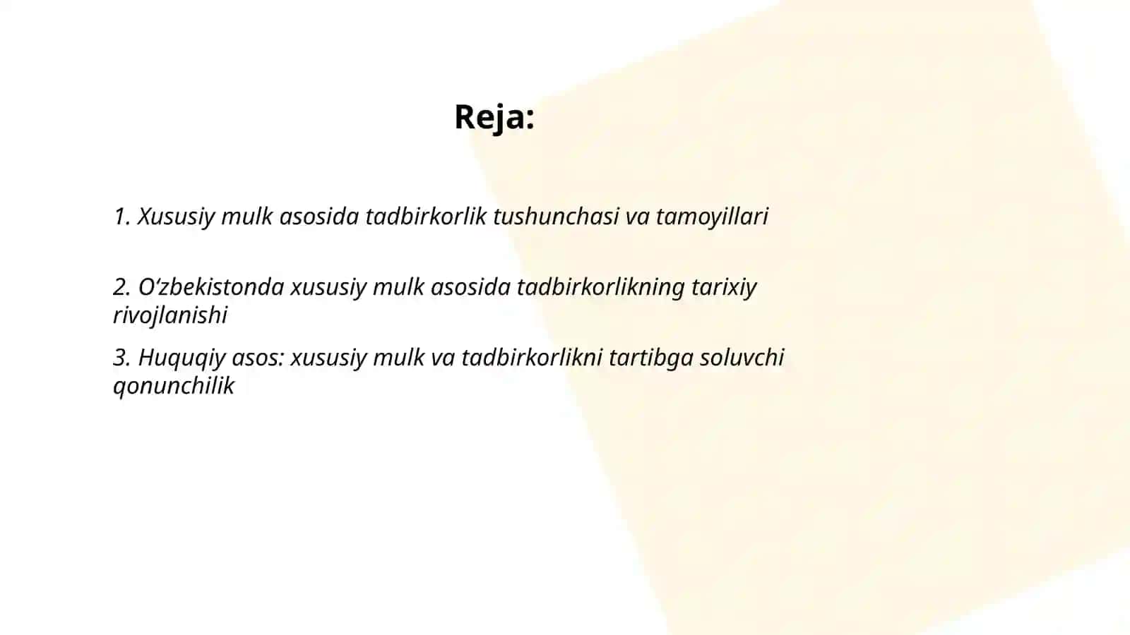 Xususiy mulk asosida tadbirkorlik faoliyatini yuritish Mahmudova Mahliyo 2