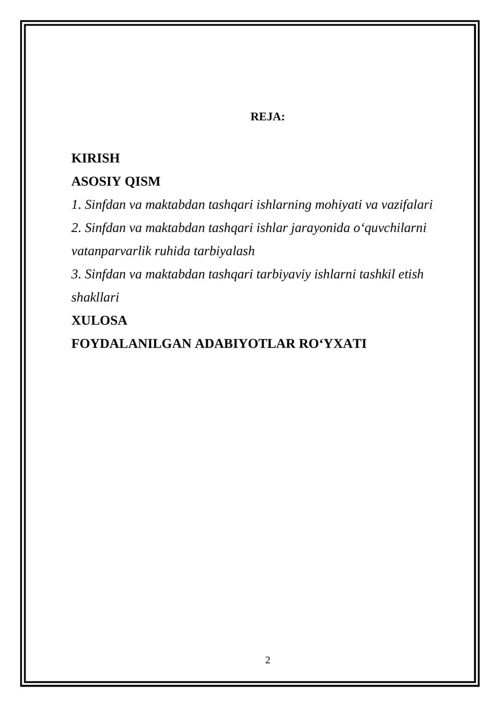 “O‘QUVCHILAR BILAN SINFDAN VA MAKTABDAN TASHQARI TARBIYAVIY ISHLAR” MAVZUSIDAGI KURS ISHI 2