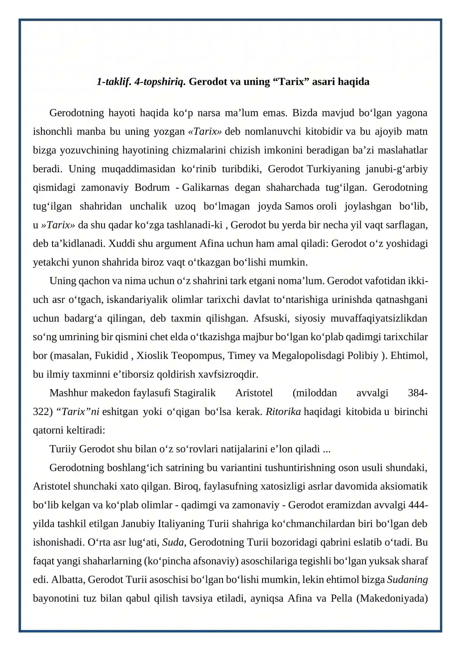 MUSTAQIL ISHI - Gerodot va uning “Tarix” asari haqida 2