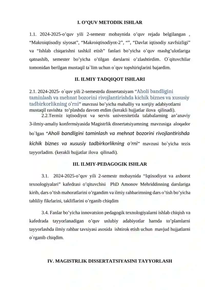 Aholi bandligini taminlash va mehnat bozorini rivojlantirishda kichik biznes va xususiy tadbirkorlikning o’rni 2