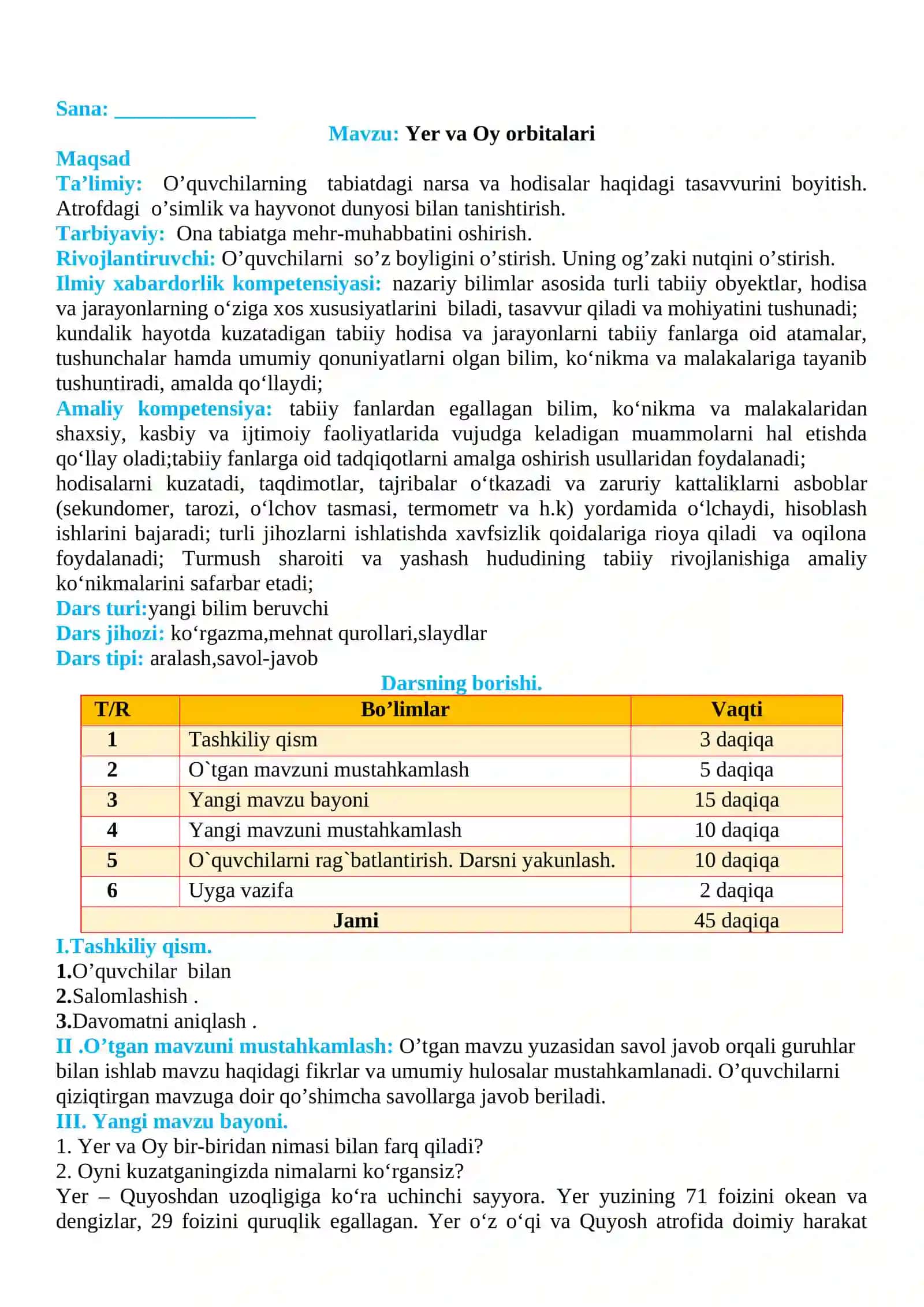3-sinf Tabiiy fan (Science) Yer va Oy orbitalari dars ishlanma 2