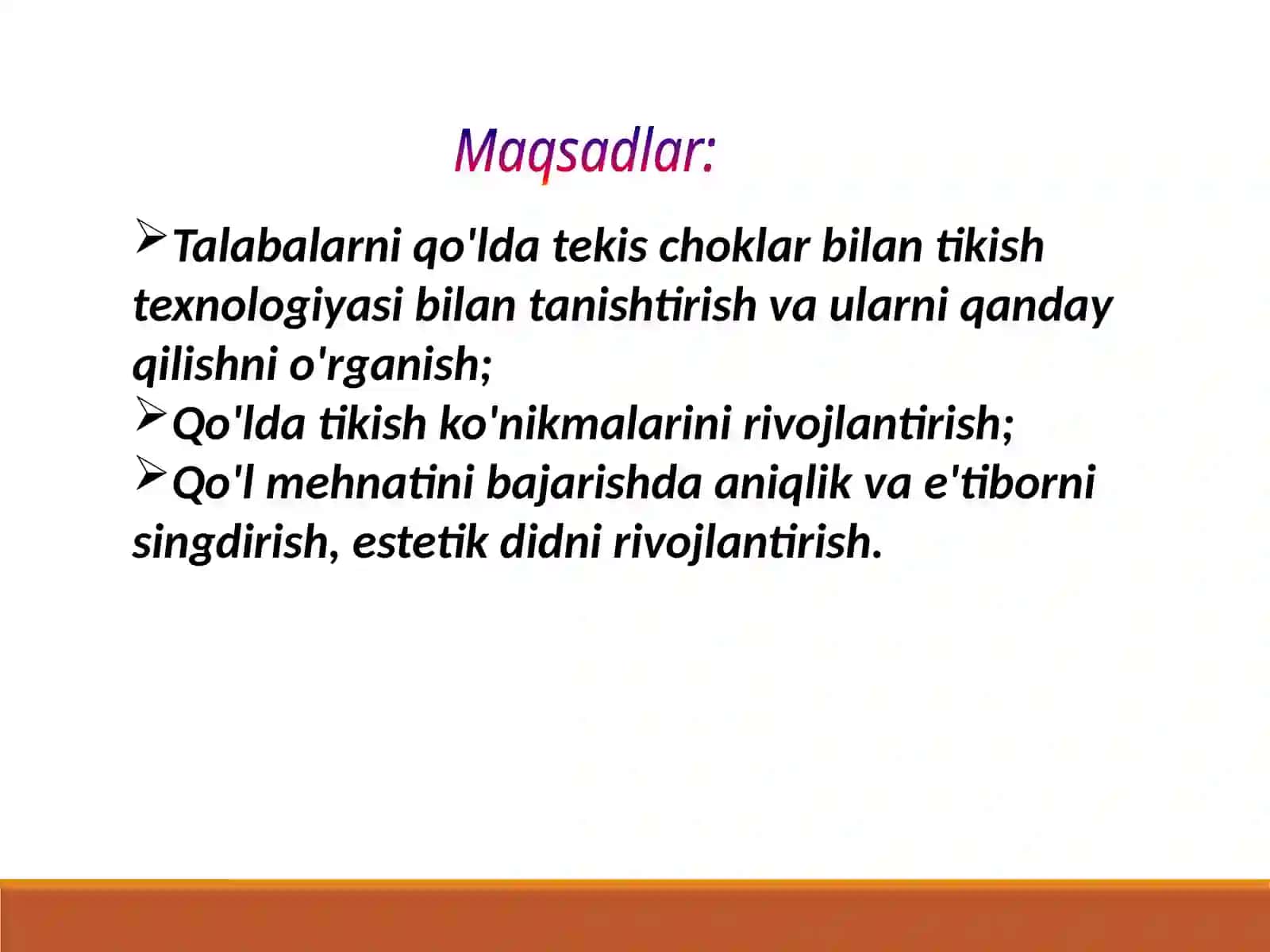 Qo'lda tekis choklar bilan tikish texnologiyasi 2
