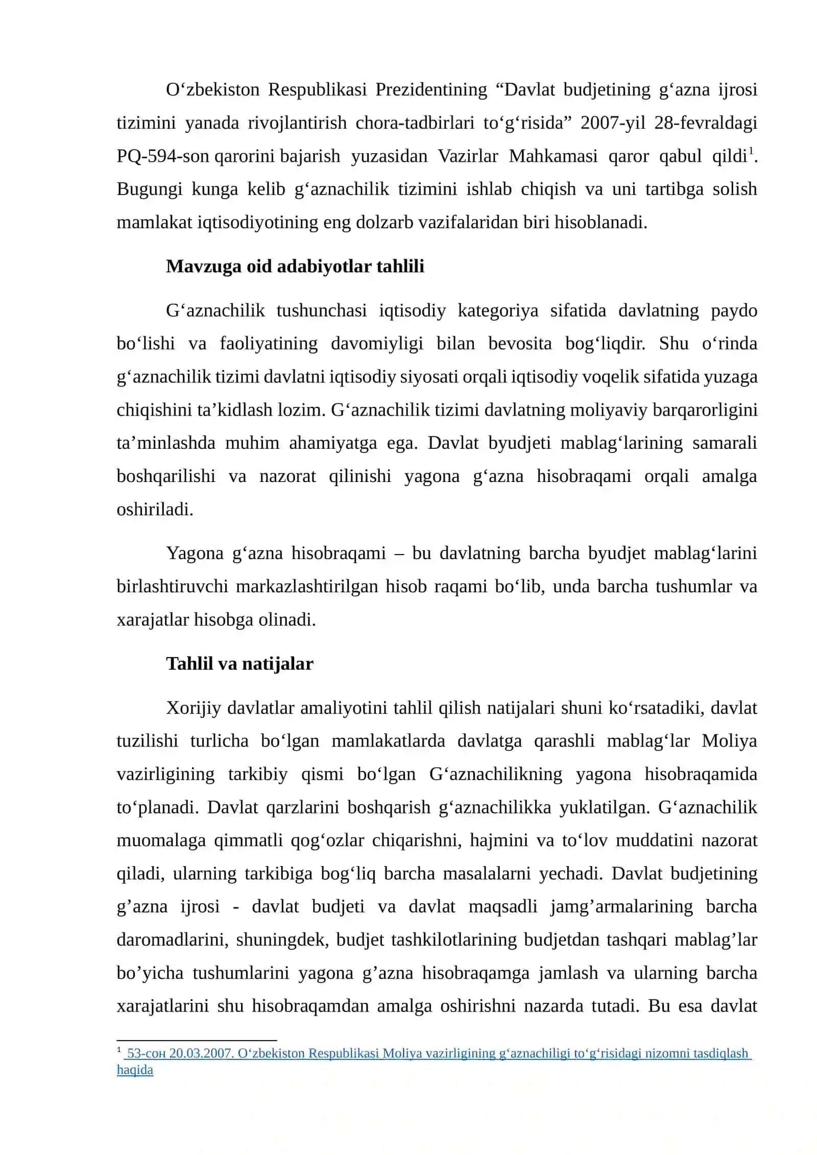 O‘zbekiston Respublikasi Iqtisodiyot va moliya vazirligida G‘aznachiligining tashkil etishi 2