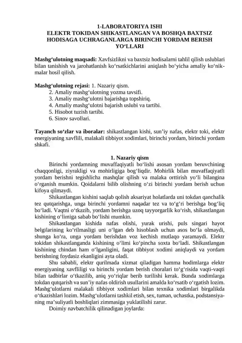 ELEKTR XAVFSIZLIGI FANIDAN Laboratoriya mashg’ulotlaridan HISOBOTI 2