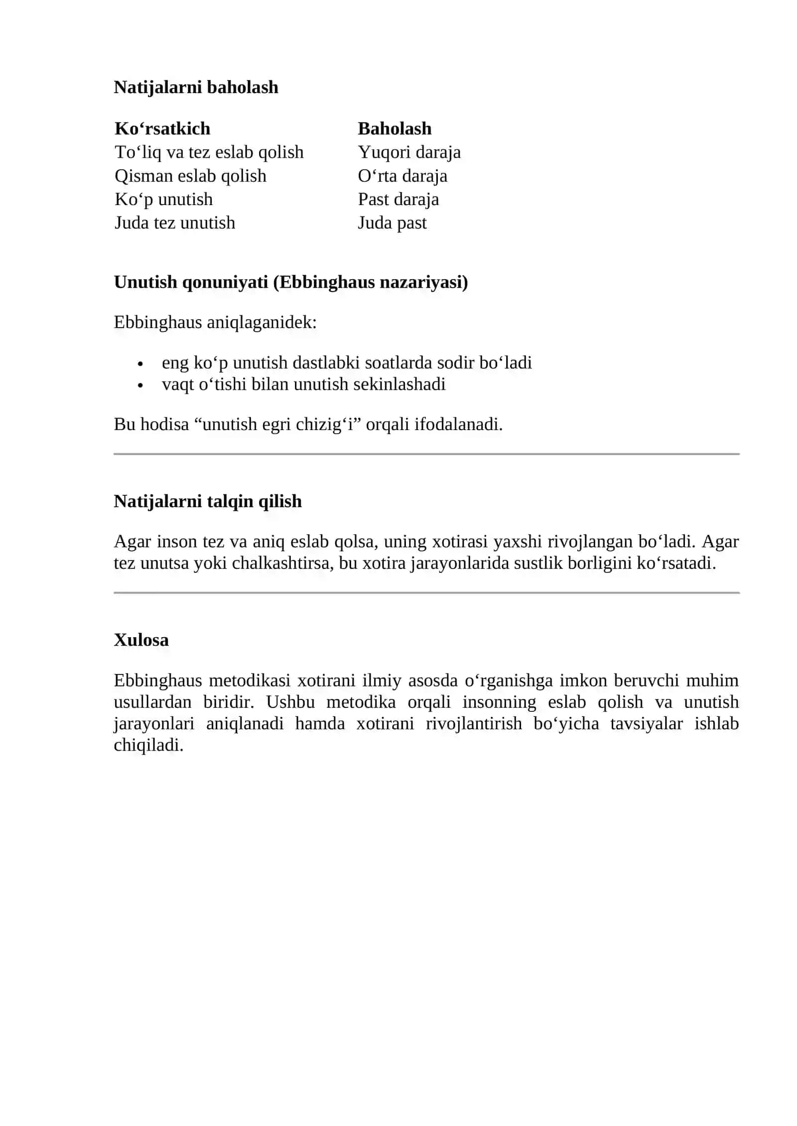 XOTIRANI O‘RGANISH METODIKASI (H. Ebbinghaus) 2