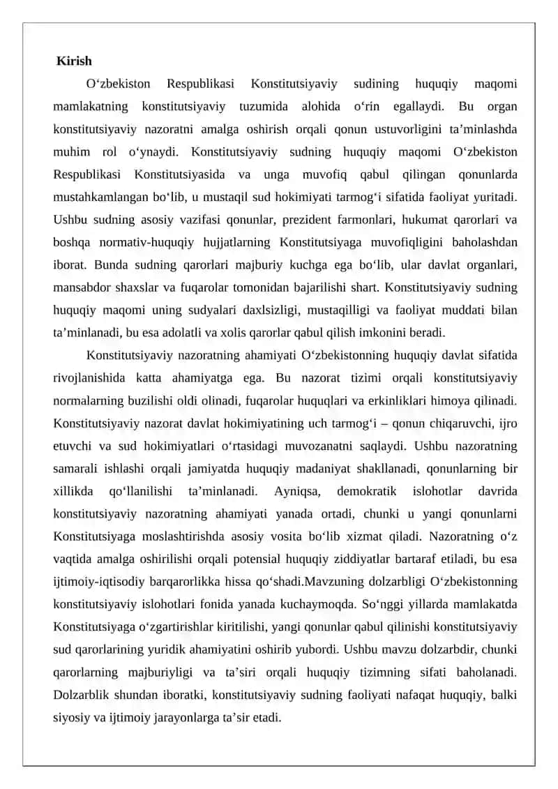 O‘zbekiston Respublikasi Konstitutsiyaviy sudining yuridik axamiyati tuzilishi 2