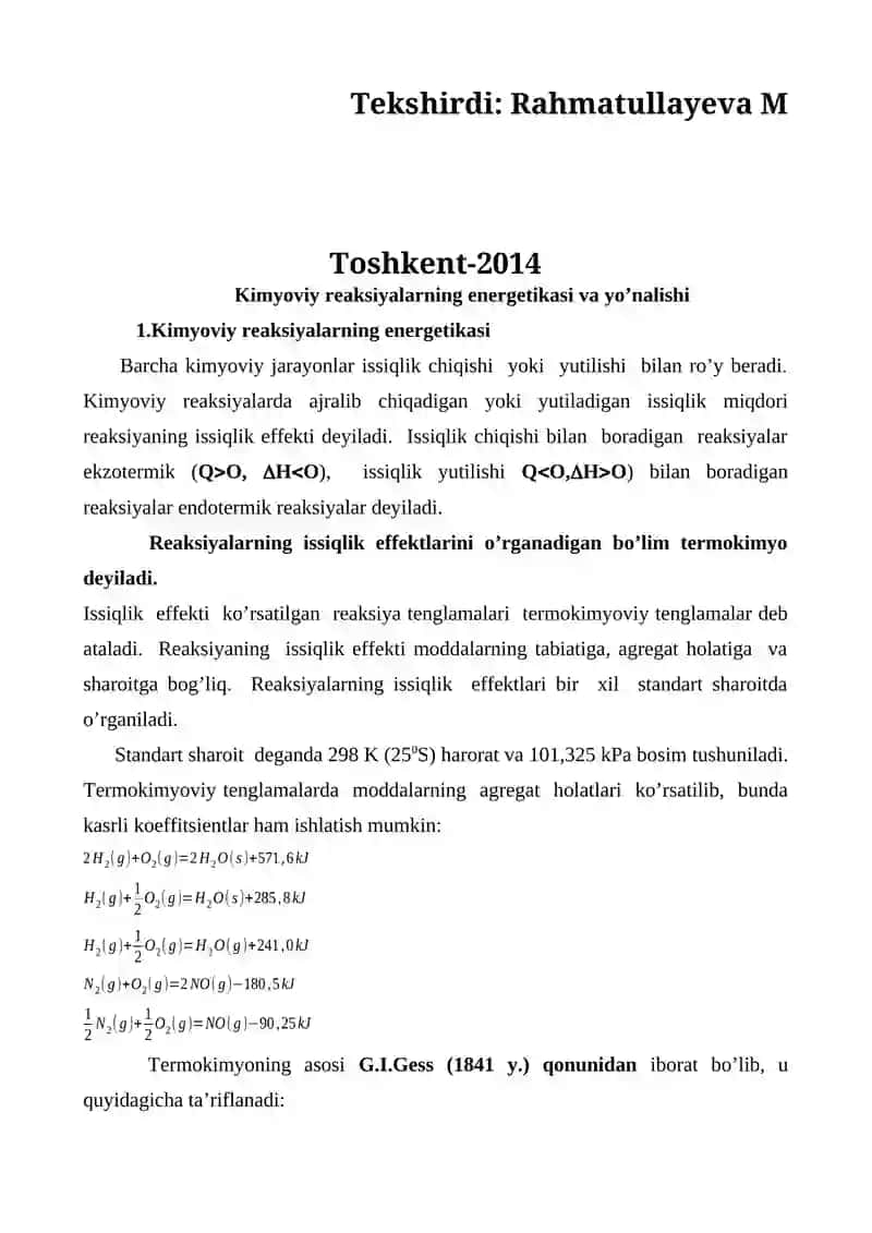 Kimyoviy reaksiyaning energetikasi va yo’nalishi 2