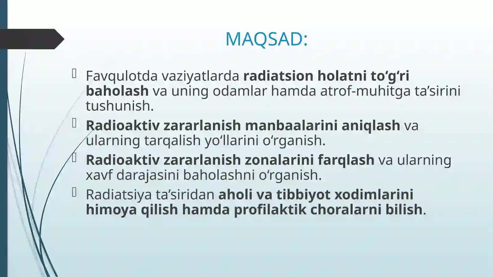 FAVQULOTDA VAZIYATNI BAHOLASH. RADIATSION HOLAT. RADIOAKTIV ZARARLANISH MANBAALARI. RADIOAKTIV ZARARLANISH ZONALARI TAVSIFI 2