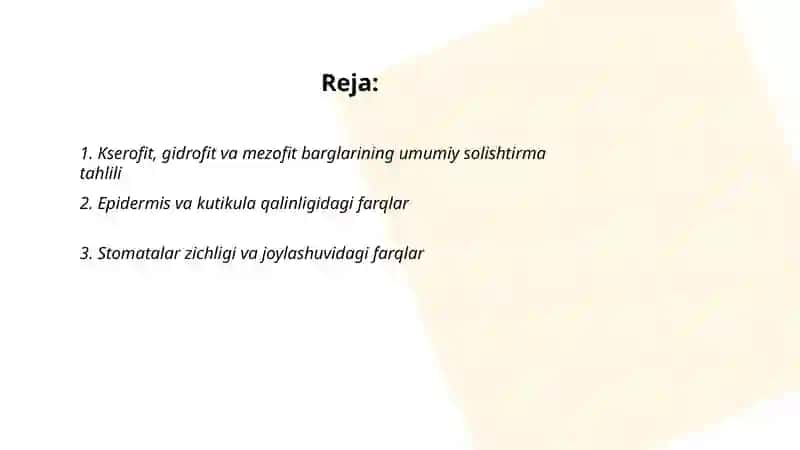 Turli yashash muhitidagi (kserofit, gidrofit, mezofit ) barglarning tuzilishini solishtirish 2