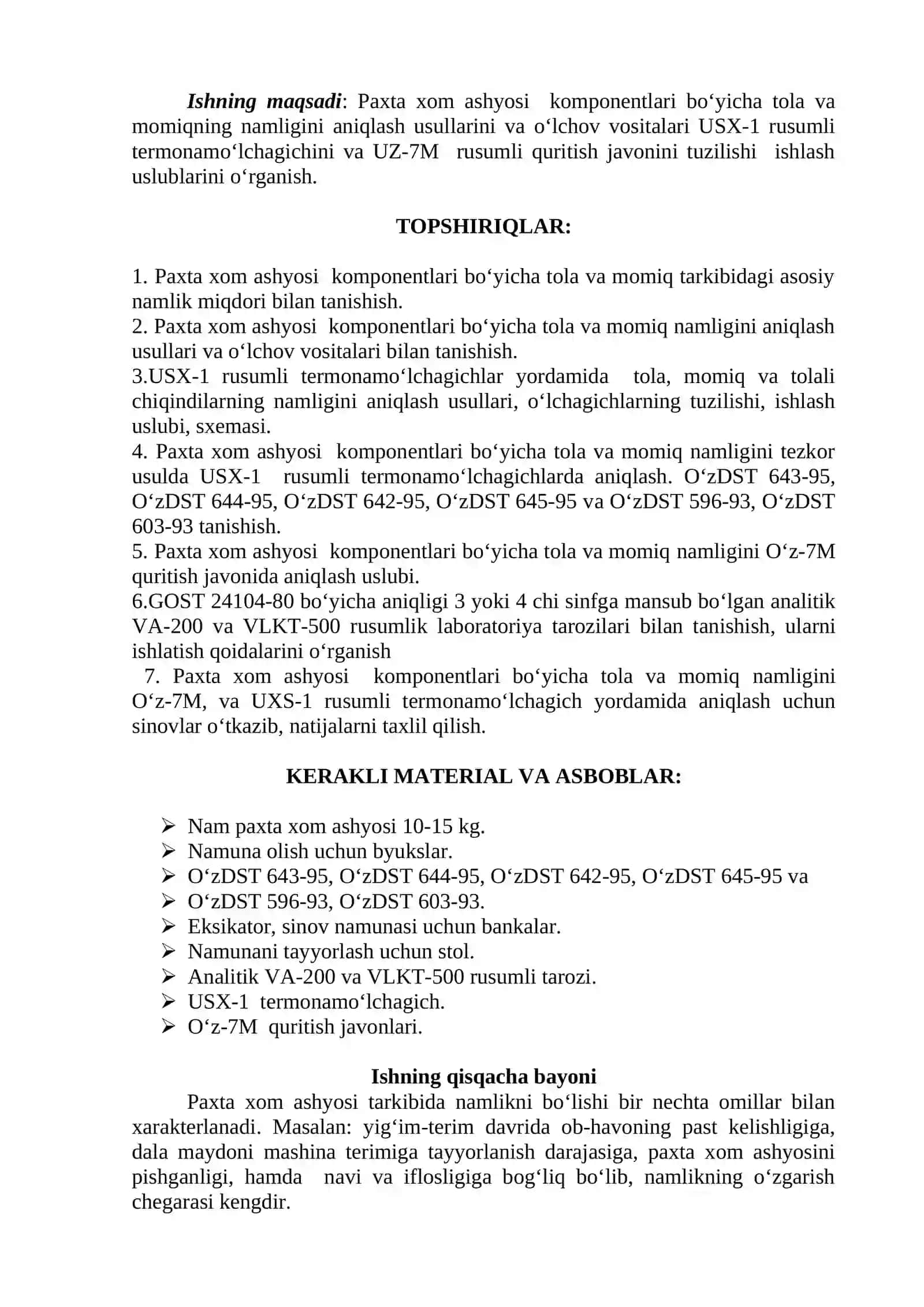 Paxta va uni komponentlari o‘rtasida namlikni taqsimlanishini aniqlash 2