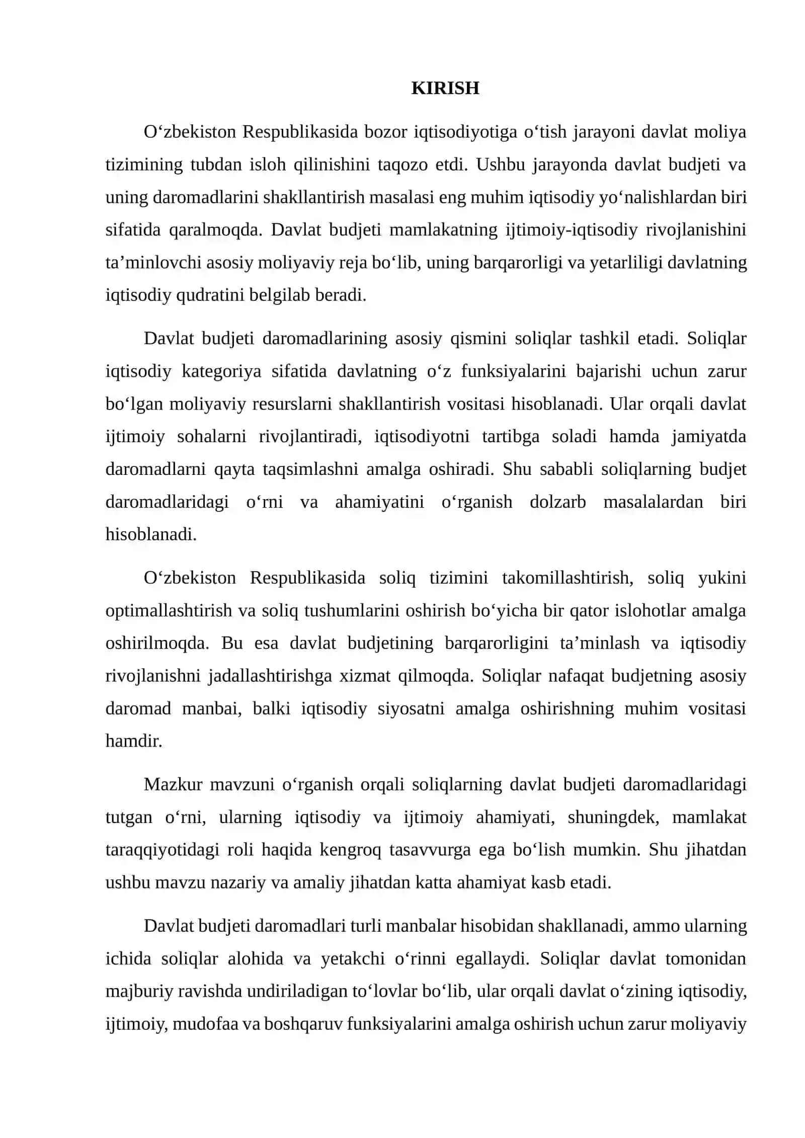 O‘ZBEKISTON RESPUBLIKASI DAVLAT BUDJETI DAROMADLARI TARKIBIDA SOLIQLARNING TUTGAN O‘RNI VA AHAMIYATI 2