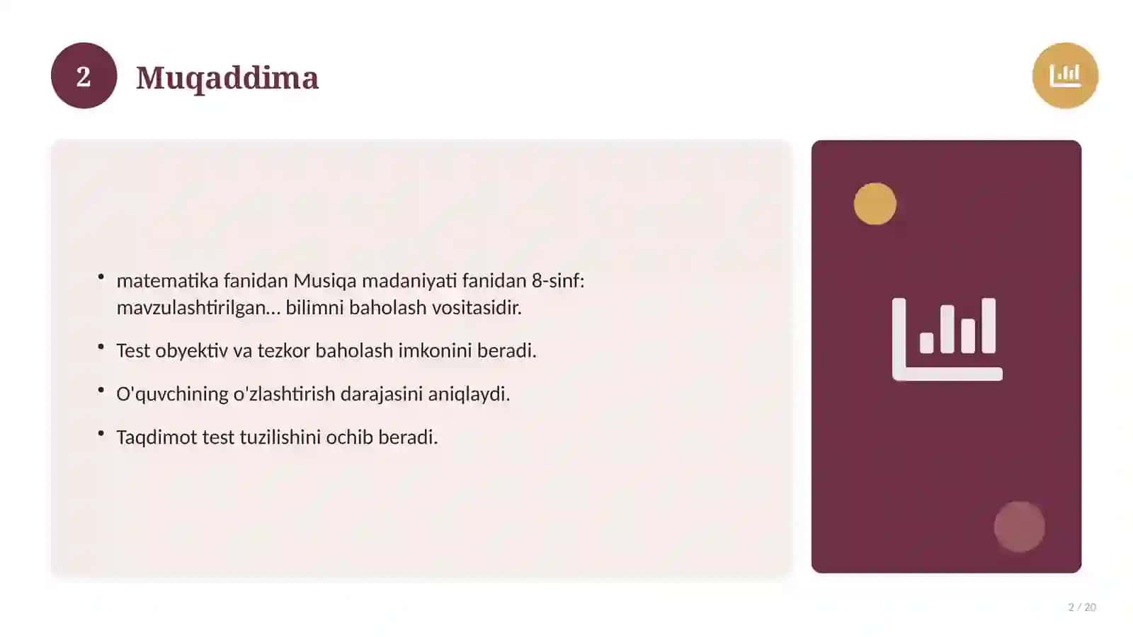 Musiqa madaniyati fanidan 8-sinf: mavzulashtirilgan nazorat ishi 2
