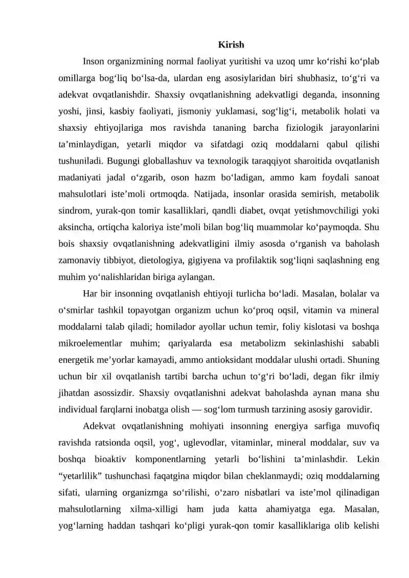 Shaxsiy ovqatlanishning adekvatligini o’rganish va baholash 2