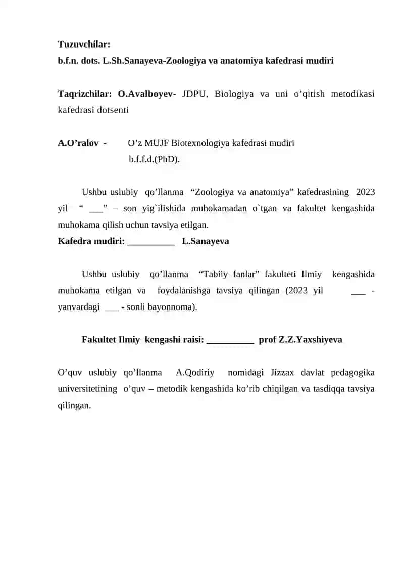 Uslubiy Qo‘llanma Zoologiya va Anatomiya 2