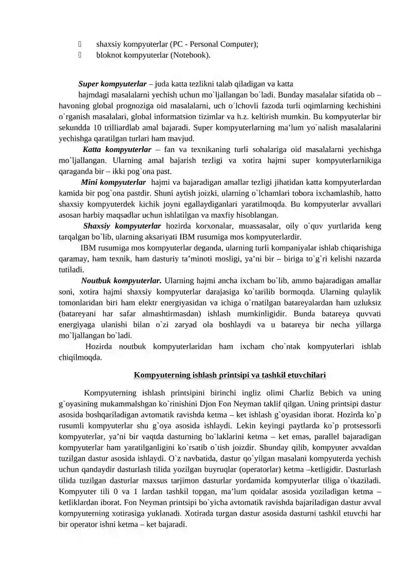 Zamonaviy kompyuterlarning asosiy tavsiflari 2