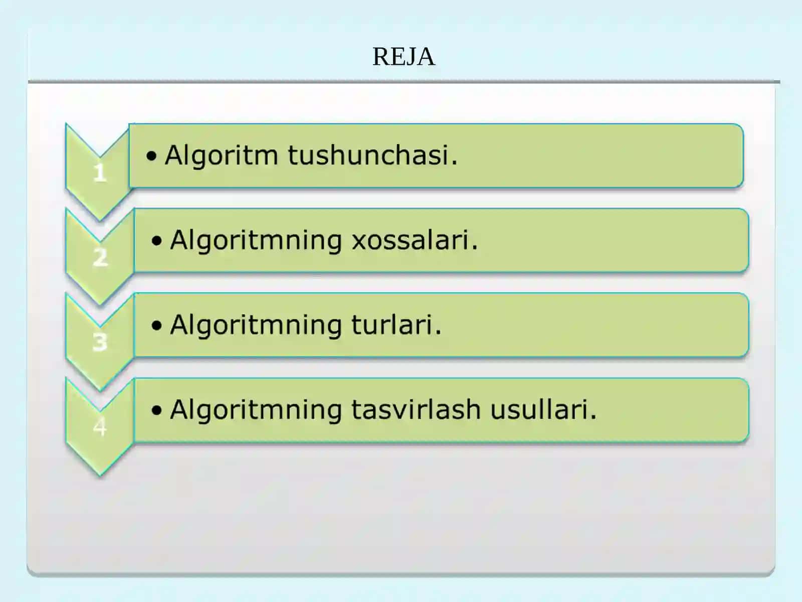 Algoritmlash asoslari, ularning turlari va tasvirlash usullari 2