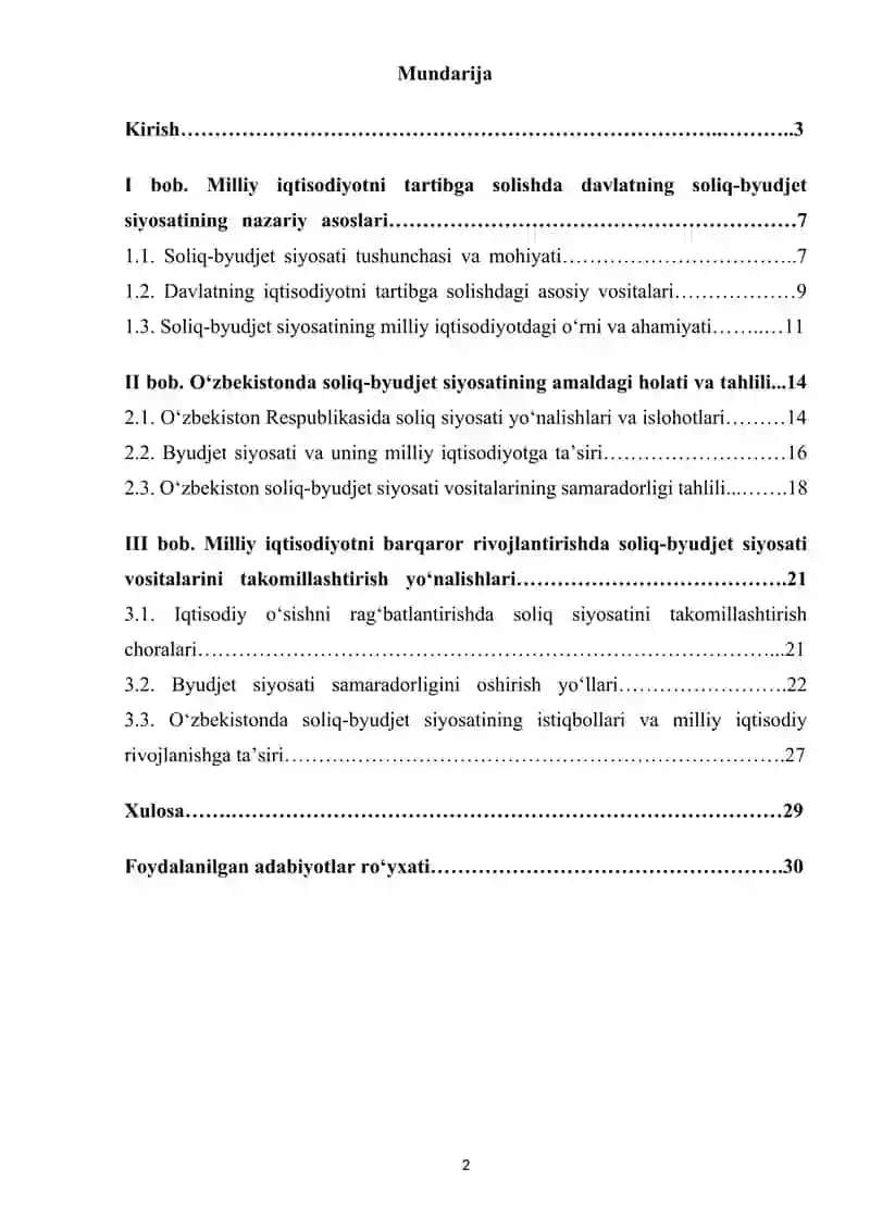Milliy iqtisodiyotini tartibga solishda davlatning soliq byudjet siyosati vositalarning roli 2
