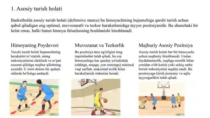 Basketbol o‘yinida asosiy turish xolati, himoya xolati harakatlanish texnikasi 2