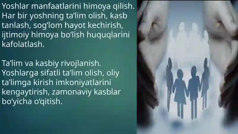 O‘zbekistonda yoshlarga oid  davlat siyosati va asosiy mazmuni barkamol avlodni tarbiyalashning asosiy yunalishlari 2