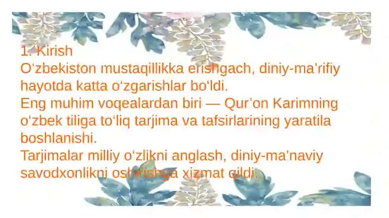 Mustaqillik yillarida Qurʼonning oʻzbek tiliga tarjima qilinishi va tafsilotlari 2