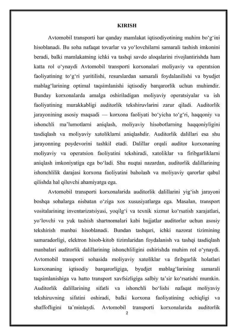 Avtomobil transportida auditorlik dalillari va ularning ishonchlilik darajasi 2