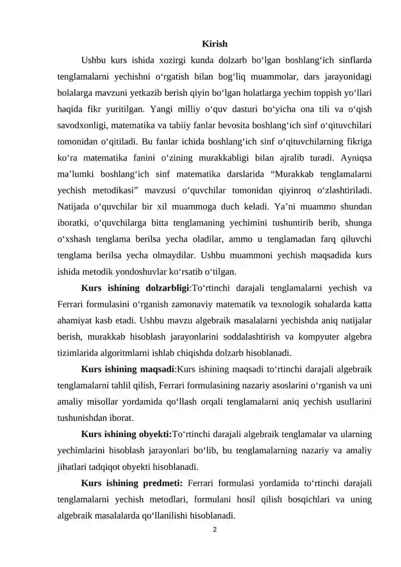 Uchinchi va To’rtinchi Darajali Algebraik Tenglamalarni Yechish 2
