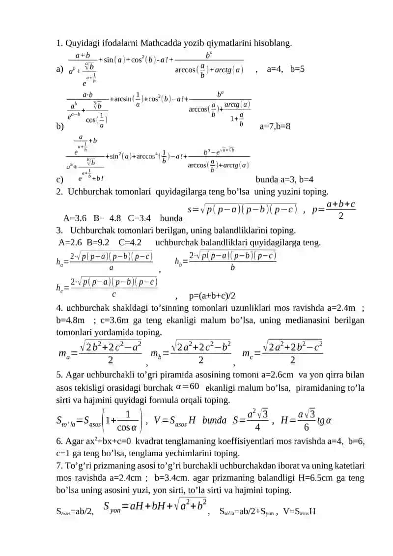 1-Amaliy mashg’ulot. Amaliy dasturlar yordamida muhandislik masalalarini matematik modellarini yaratish (MathCAD) 2