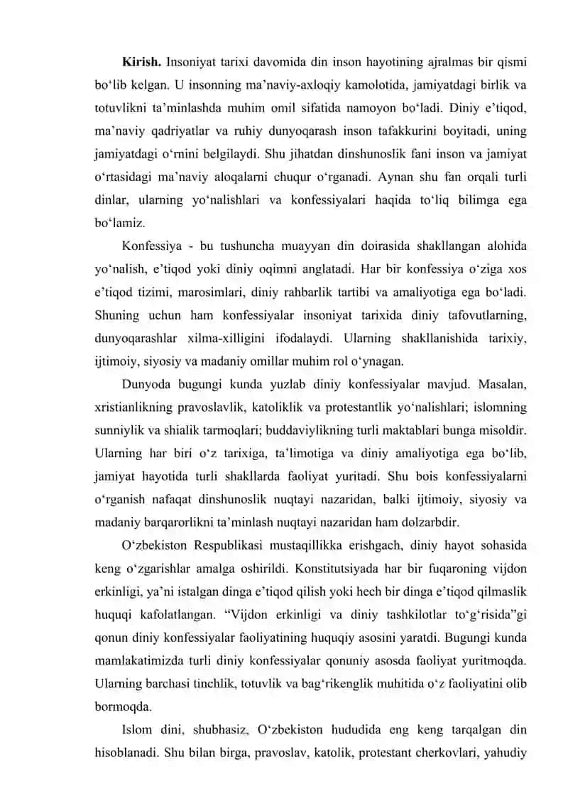 Konfessiya tushunchasining mohiyati va O`zbekistonda faoliyat yurutuvchi diniy konfessiyalarning tasnifi 2