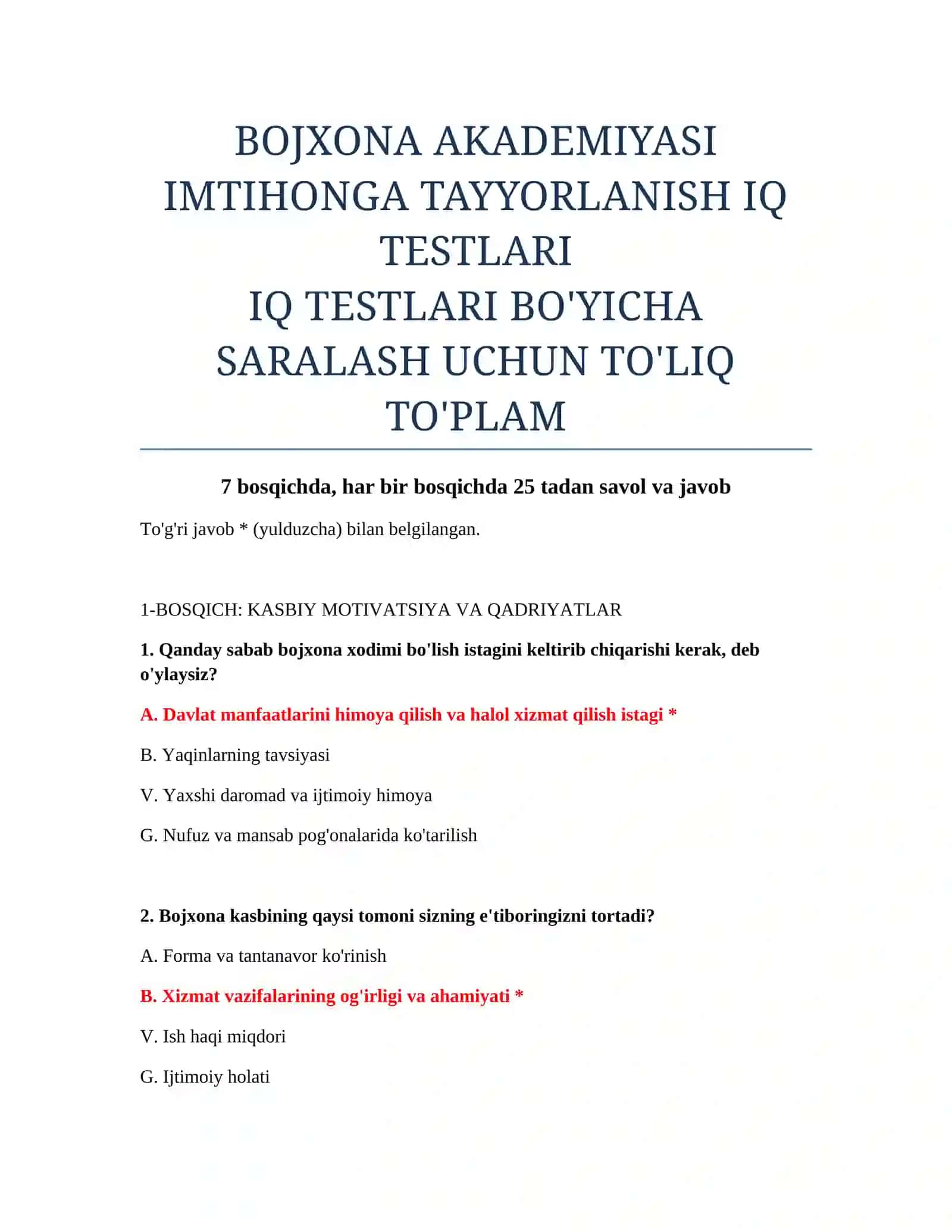 BOJXONA AKADEMIYASI IMTIHONGA TAYYORLANISH IQ TESTLARI 2