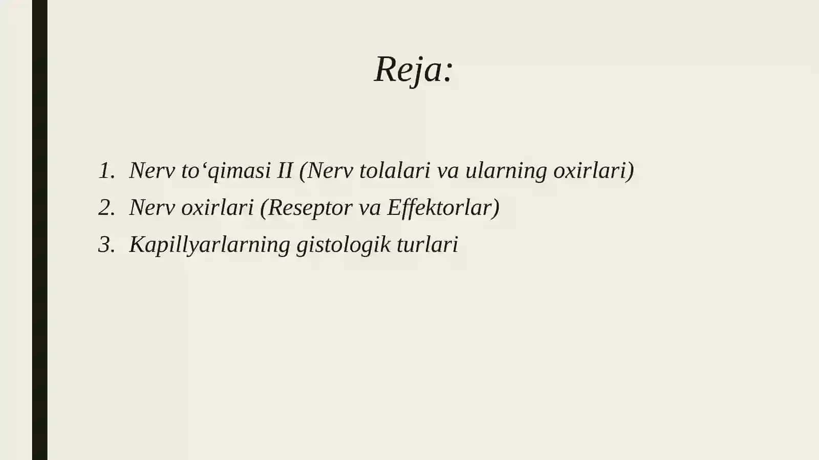 Nerv to'qimasi II. Yurak qon tomirlar sistemasi II. Qon yaratuvchi va immun a'zolari I. Endokrin tizim a'zolari III 2