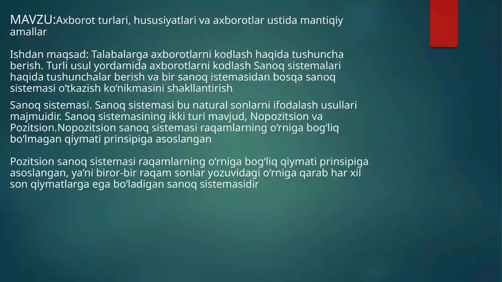 AXBOROT TURLARI, HUSUSIYATLARI VA AXBOROTLAR USTIDA MANTIQA MALLAR 2