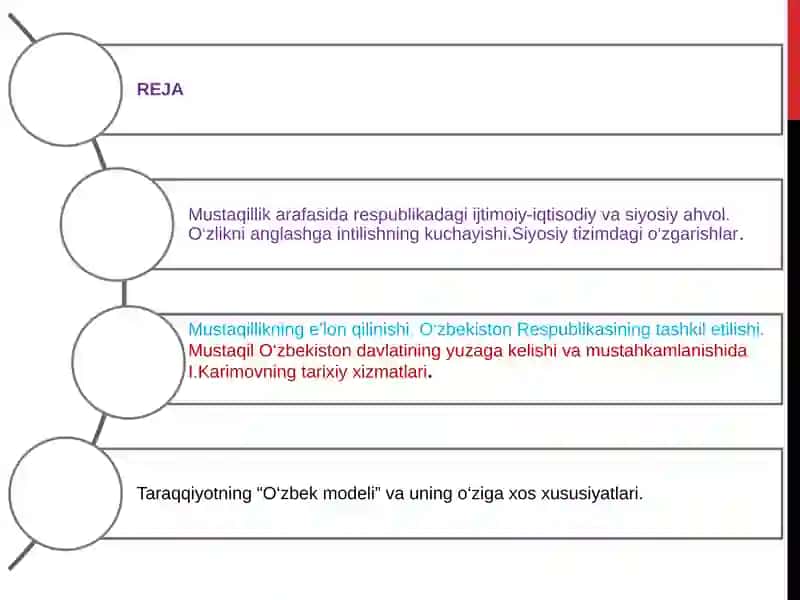 MUSTAQIL O‘ZBEKISTON RESPUBLIKASINING TASHKIL TOPISHI VA UNING TARIXIY AHAMIYATI.O‘ZBEKISTONNING O‘ZIGA XOS ISTIQLOL VA TARAQQIYOT YO‘LI 2