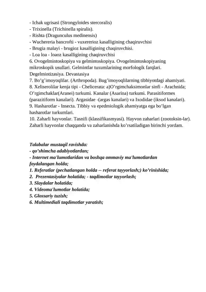Tibbiyot gelmintologiyasi. Arachnoentomologiyasi 2