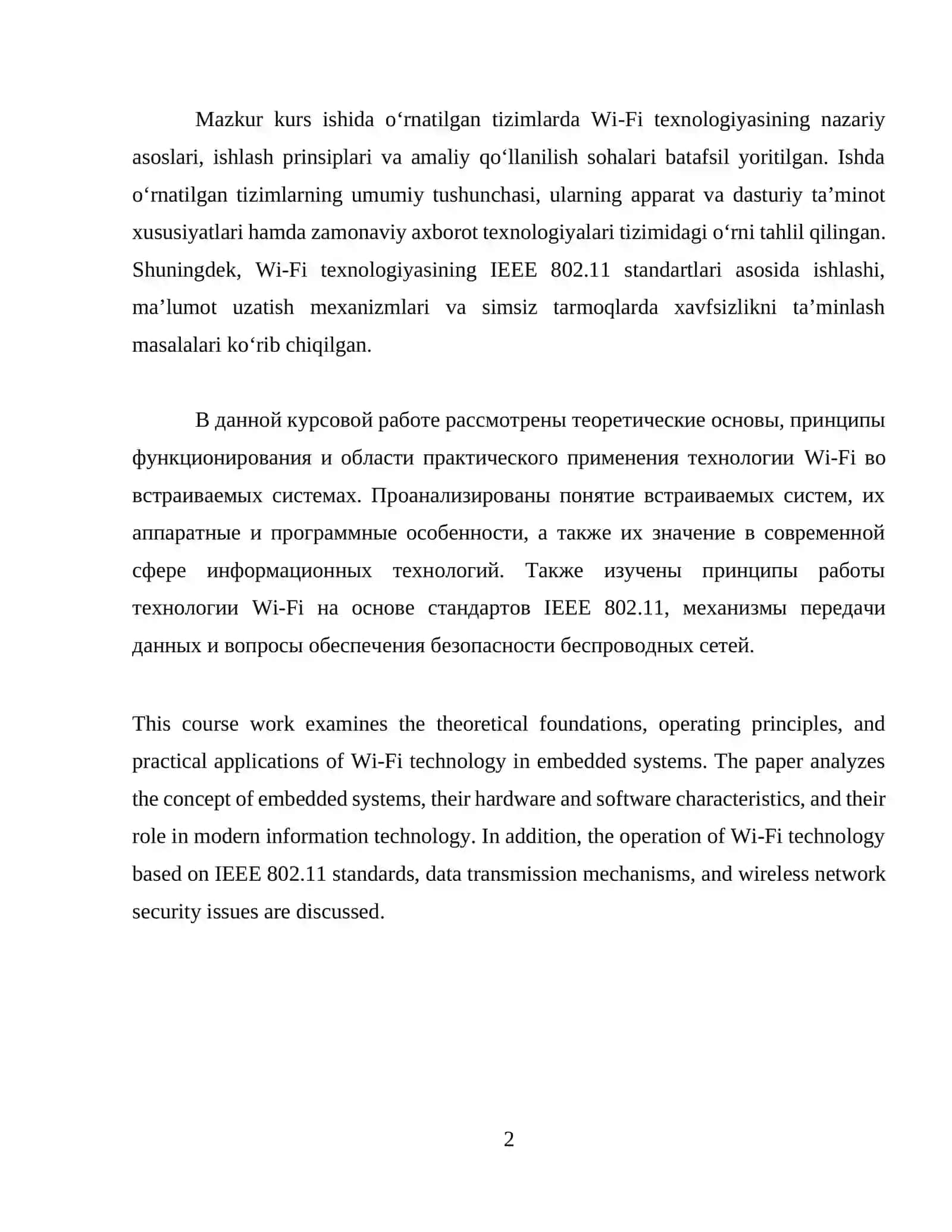 O'RNATILGAN TIZIMLARDA WIFI TEXNOLOGIYASI KURS ISHIGA HISOBOT YOZUVI 2