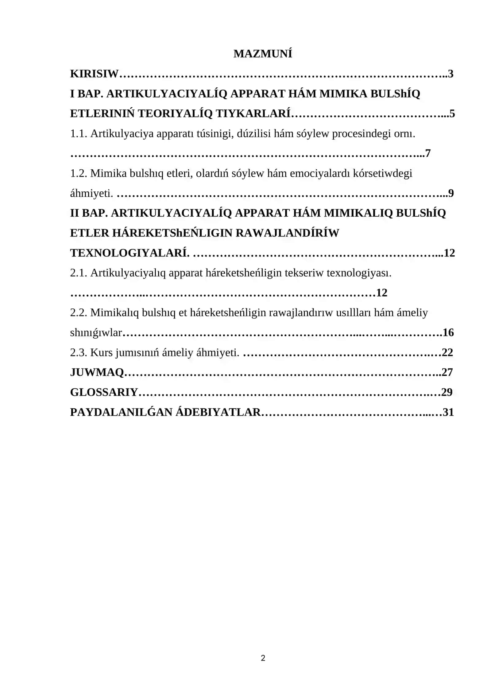 Artikulyaciyalıq apparat hám mimika bulshıq etleri háreketsheńligin rawajlandırıw texnologiyaları 2