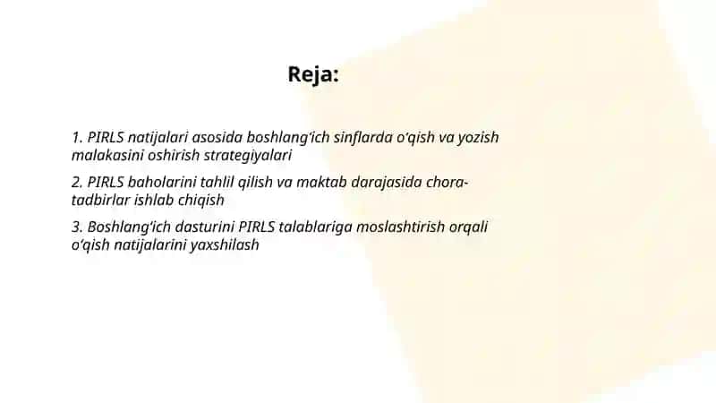 PIRLS xalqaro tadqiqoti boʻyicha boshlang'ich sinflarda oʻqish va yozish malakasini oshirish 2