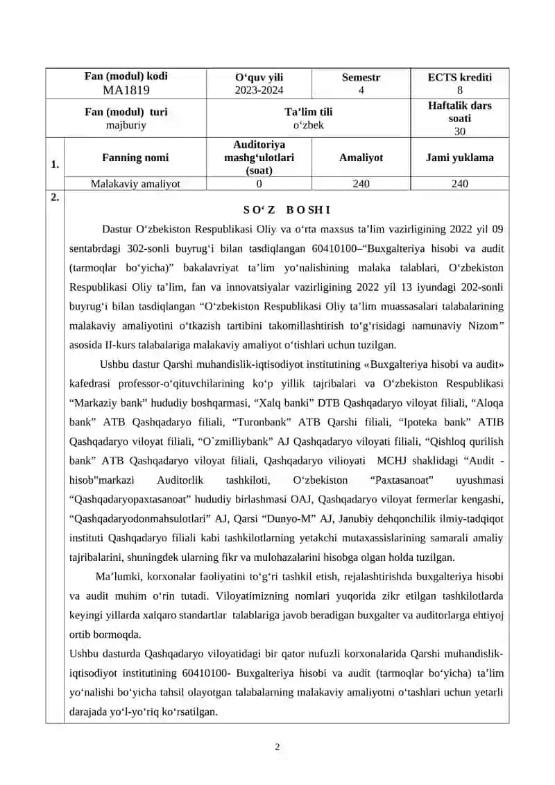 Buxgalteriya hisobi va audit (tarmoqlar bo‘yicha) 2