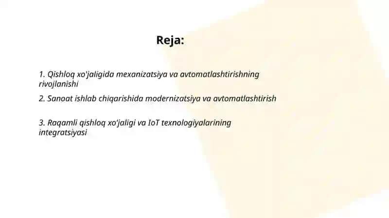 Qishloq xo'jaligi va sanoat sohasidagi o'zgarishlar 2