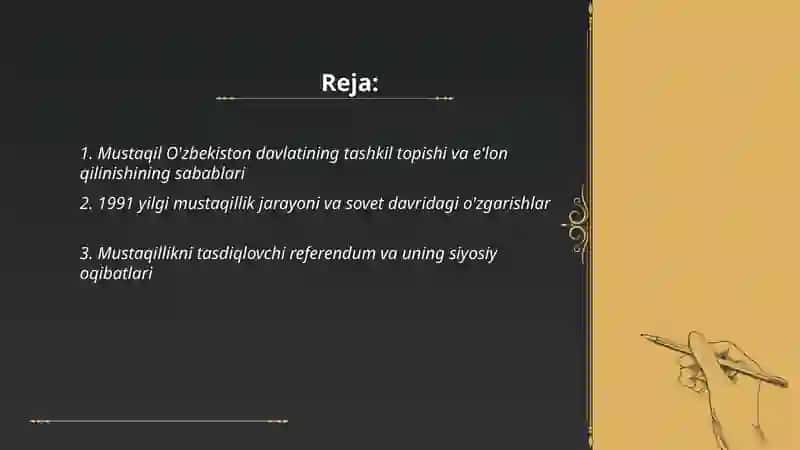 Mustaqil O'zbekiston davlatining tashkik topishi va uning tarixiy axamiyati 2
