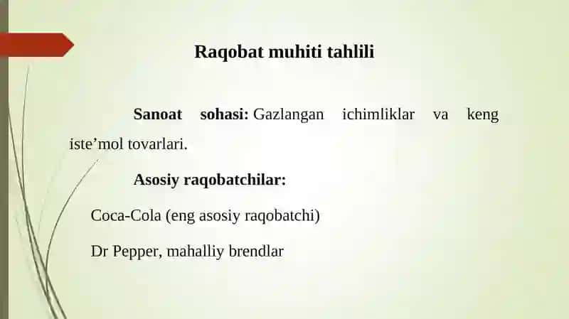 Pepsi brendi raqobat muhiti, maqsadli auditoriyasi va pozitsiyasi tahlili 2