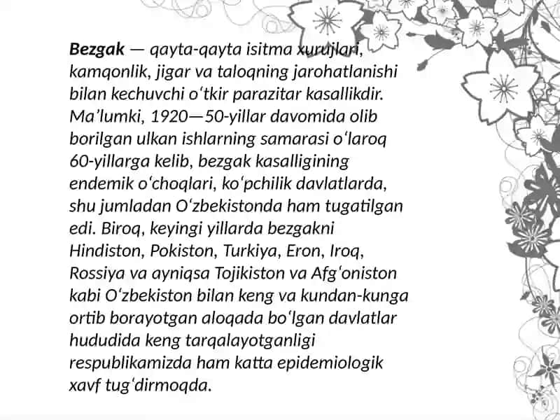 BEZGAK. ETIOLOGIYASI,EPIDIMIOLOGIYASI, PATOGENEZI, KLINIKASI, 2