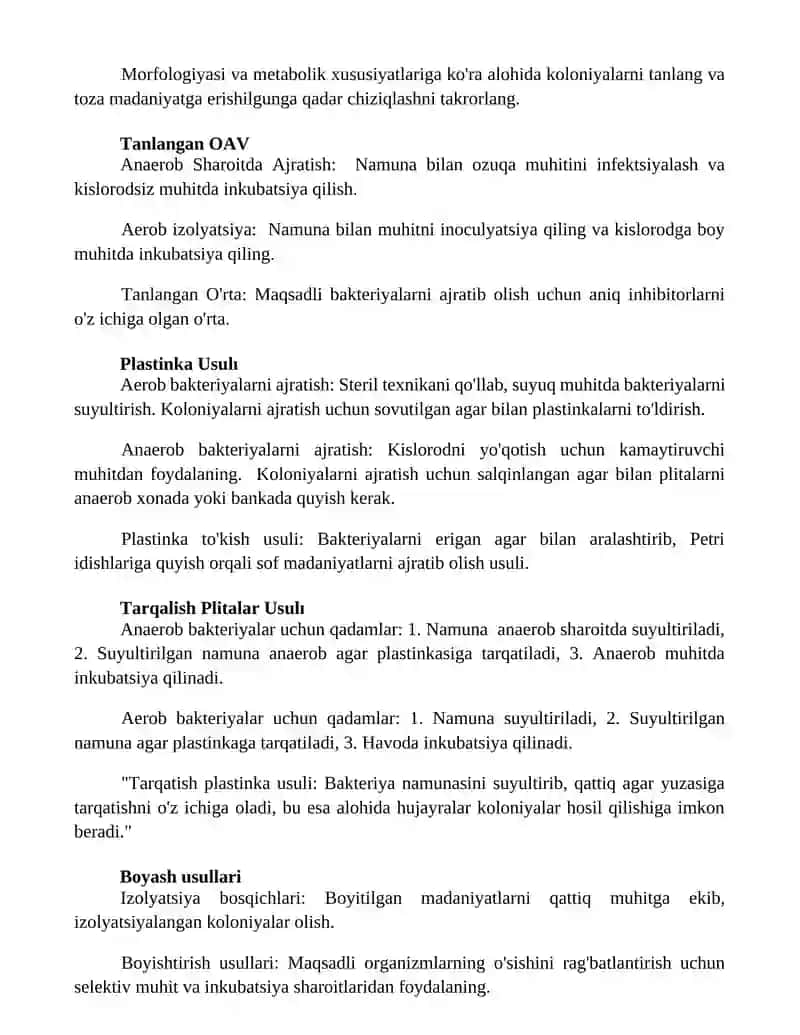 Aerob va anaerob bakteriyalarni sof xosilalarini ajratib olish bosqichlari Ismoilov 2