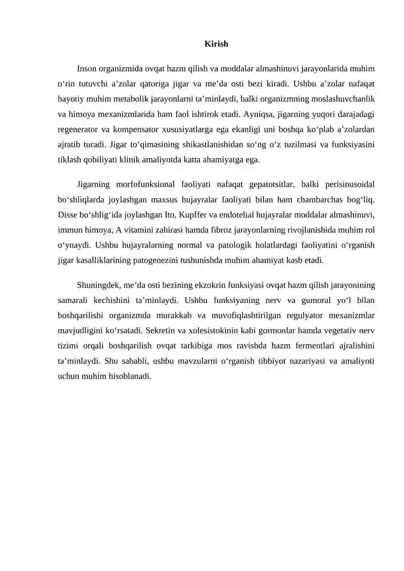 Jigarning regenerator va kompensator xususiyatlari. Jigarning perisinusoidal bo‘shliqlari hujayralarining morfofunksional xususiyatlari. Me’da osti bezining ekzokrin funksiyasini neyrogumoral boshqarilishi 2