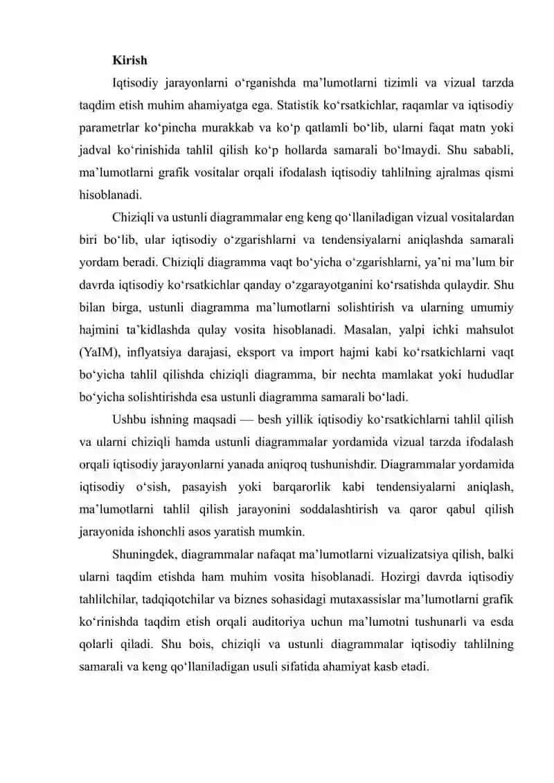 Besh yillik iqtisodiy ko‘rsatkichlar bo‘yicha chiziqli va ustunli diagramma tayyorlash 2
