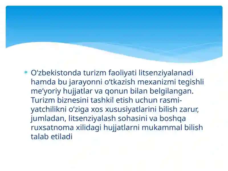 TURIZM XIZMATLARINI LITSENZIYALASHTIRISH, SERTIFIKATLASHTIRISH VASTANDARTLASHTIRISH 2