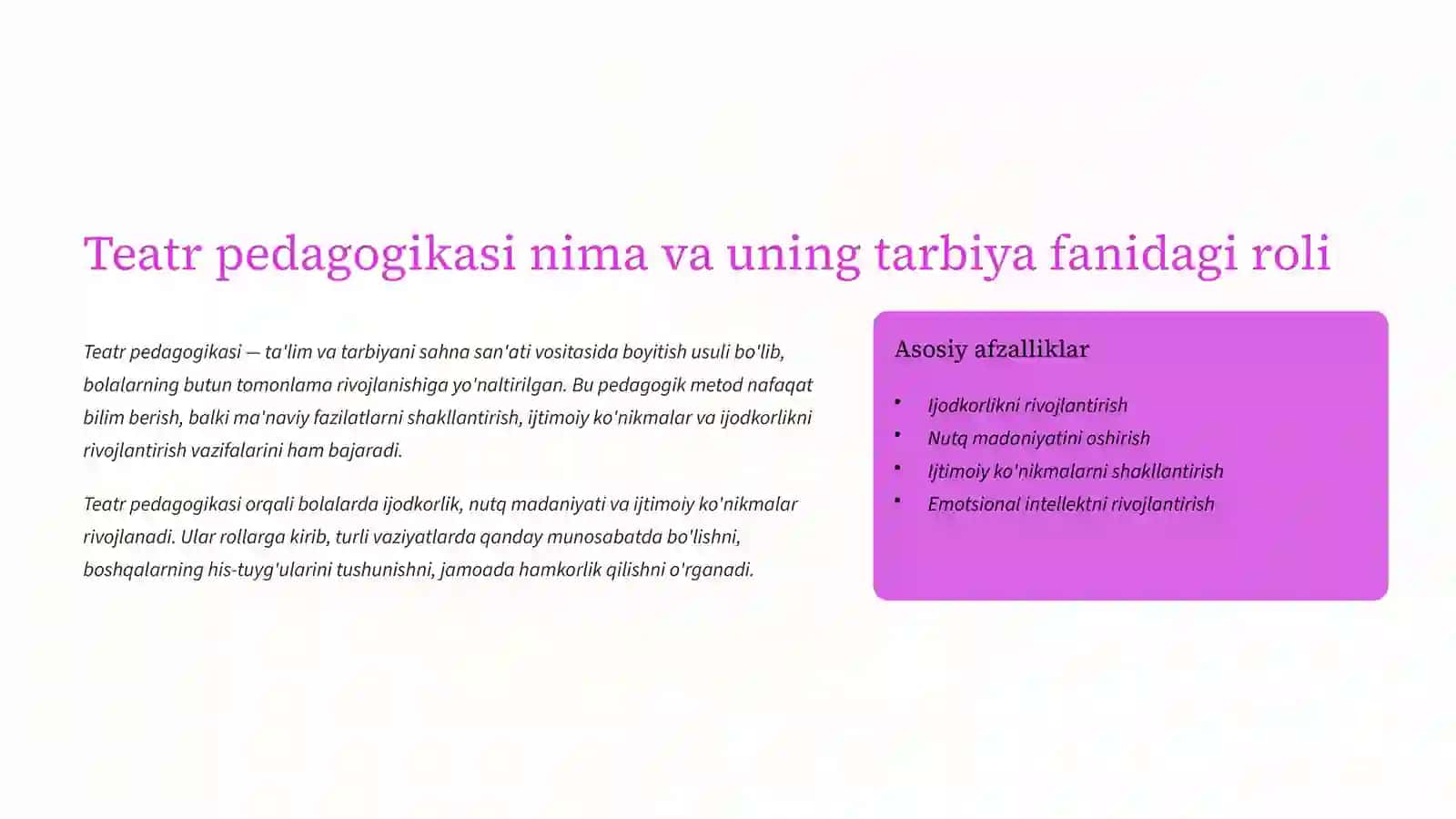 Teatr pedagogikasi nima va uning tarbiya fanidagi roli 2