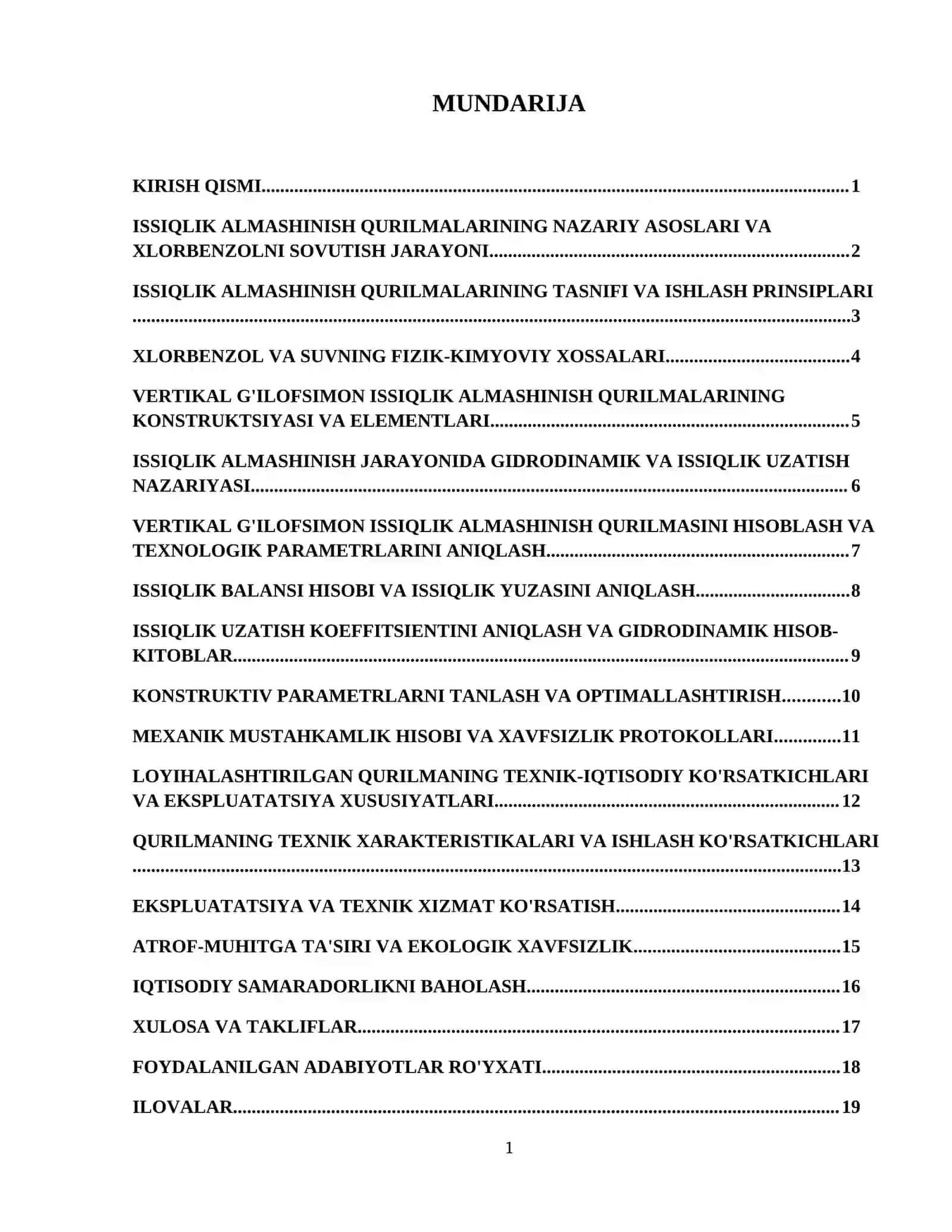 Xlorbenzolni suv bilan sovitish uchun vertikal g'ilofsimon issiqlik almashinish qurilmasini hisoblang va loyihalang 2