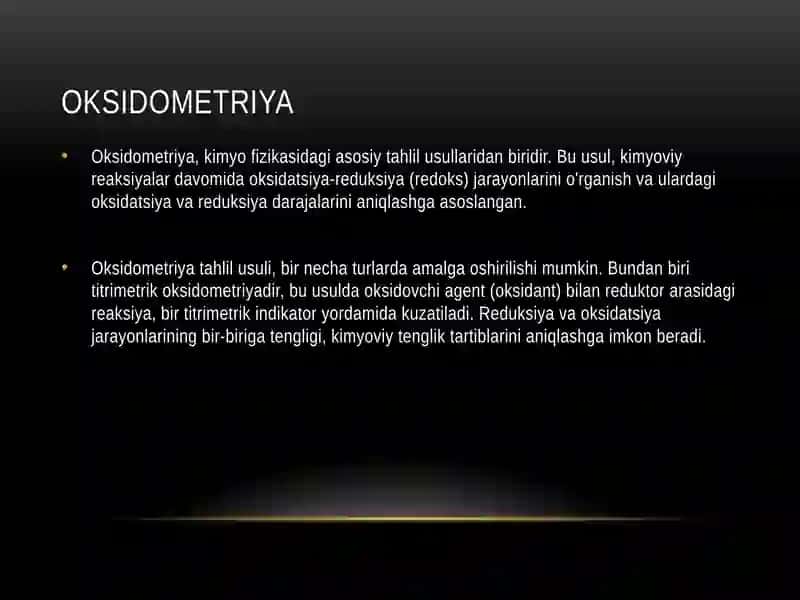 Oksidimetriya usulining klinik labaratoriyalarda qo’llanilishi 2