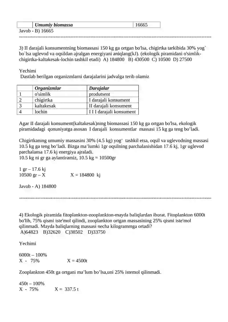 Еkologik piramida qonuniyati 
buyicha berilgan masalalar yechimi va
 ularning sharhi. 2