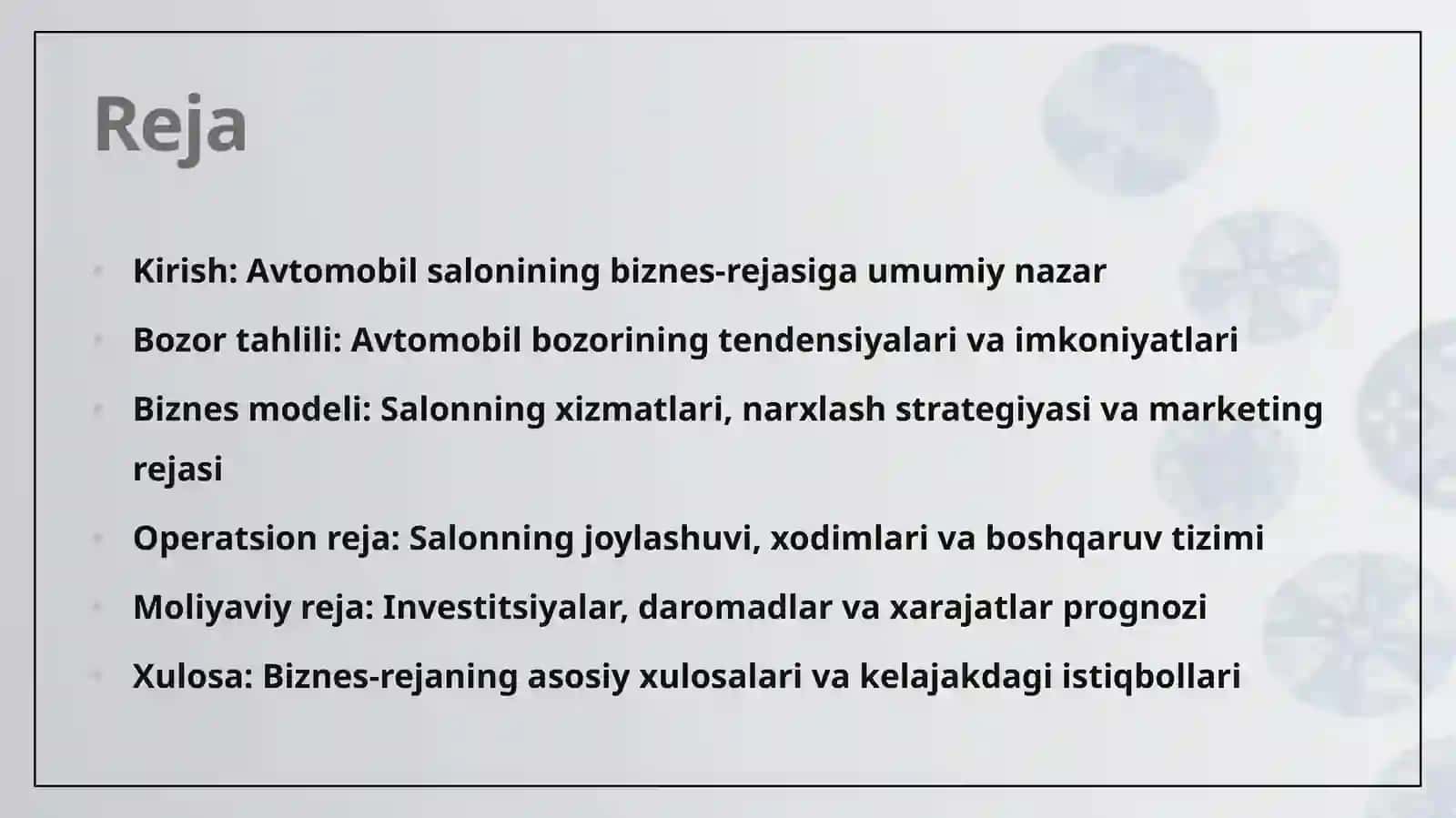 Biznes plan: Avtomobil saloni 2
